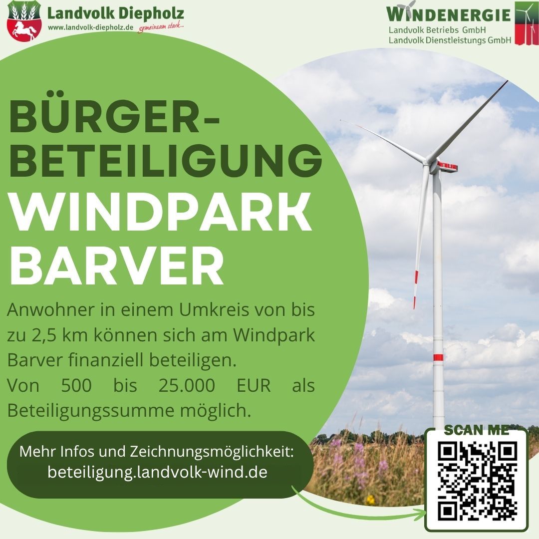 Bürgerbeteiligung Windpark Barver. Anwohner im Umkreis von bis zu 2.5 km können sich am Windpark Barver finanziell beteiligen.